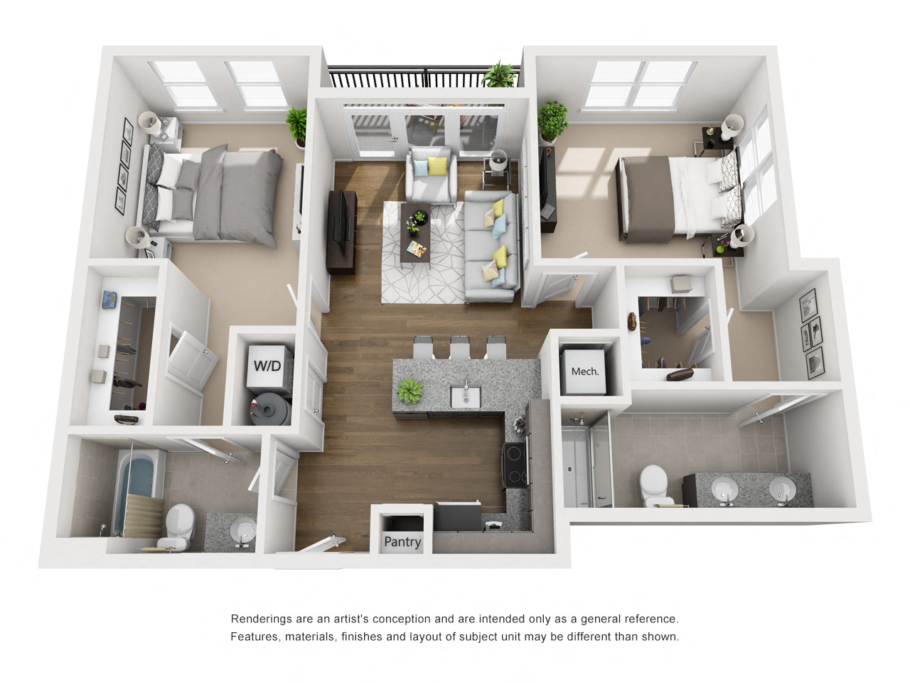 Floor plan for 2 beds, 2 baths, 1007 sqft